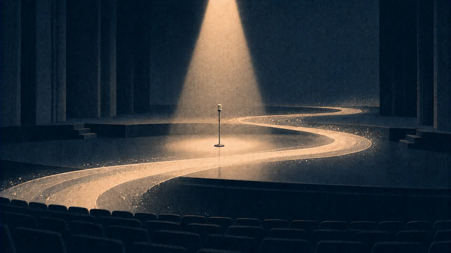 Illustration of a single stand microphone at the center of a concert hall stage, with a band of light winding like a river from the back of the stage toward the seats