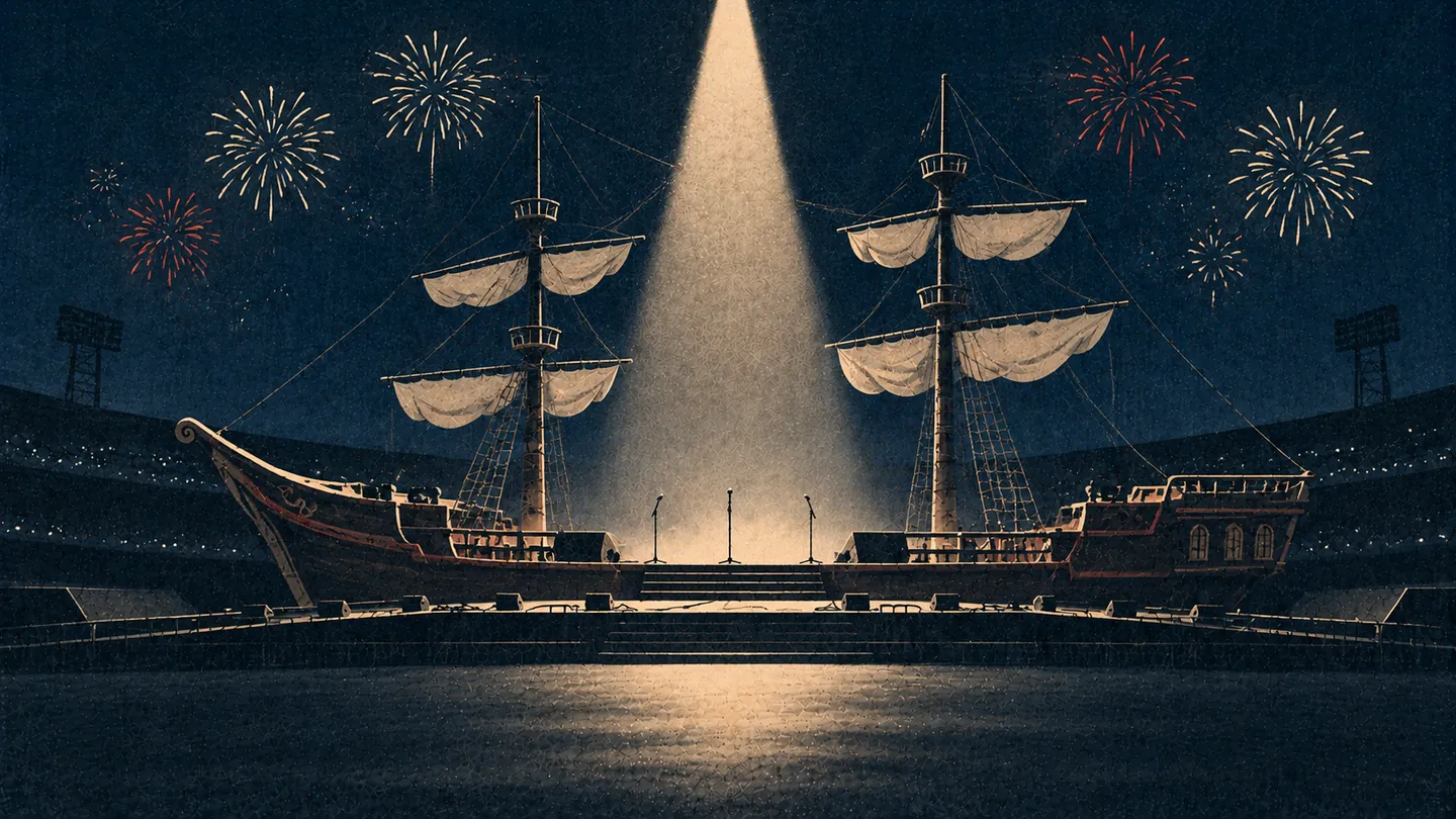 Illustration of a stage built like a sailing ship in a ballpark at night, with three stand microphones on its deck and fireworks in the sky