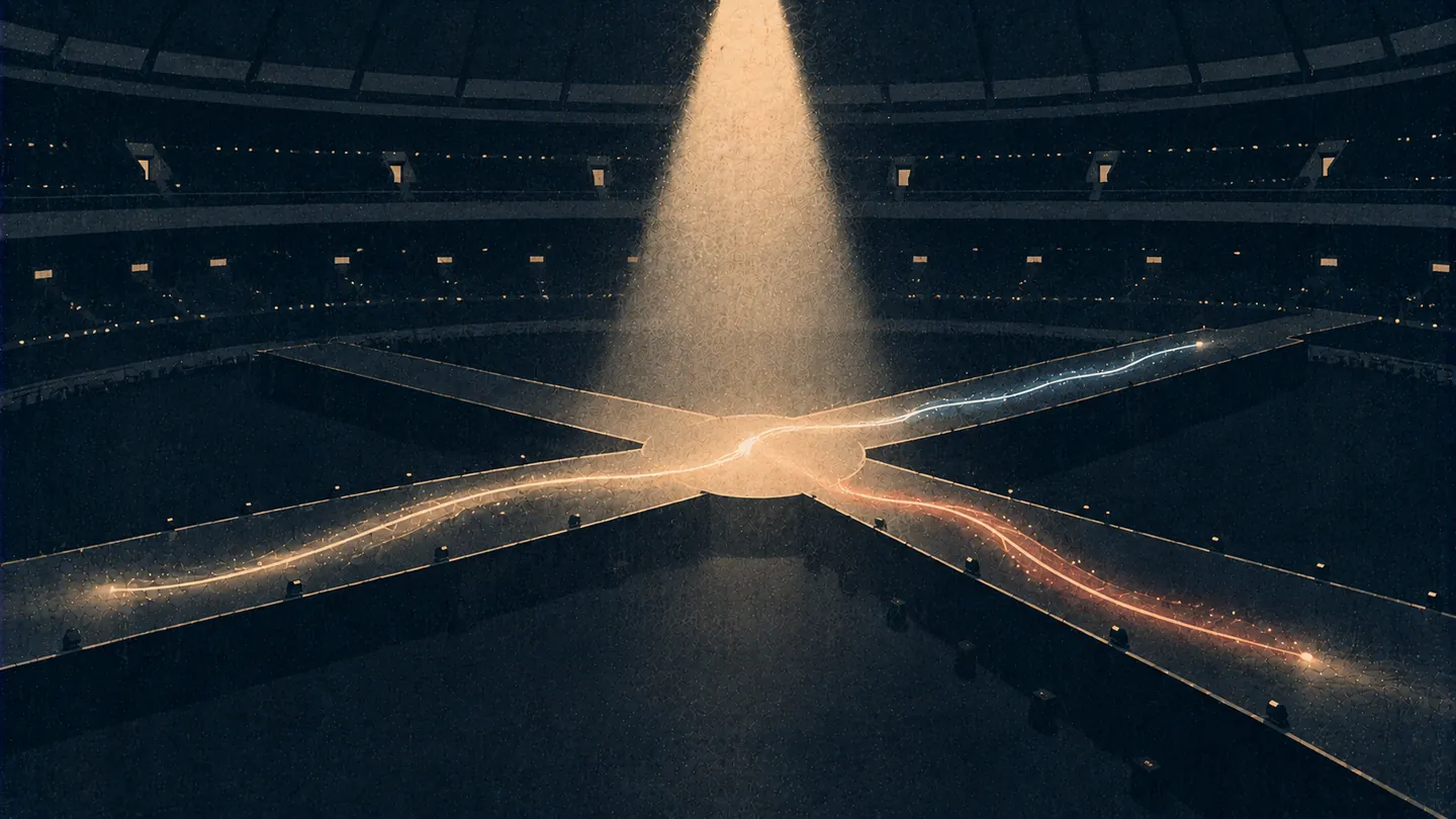 Illustration of an indoor dome arena seen from above at an angle, with a cone of light falling on the center of a cross-shaped runway and trails of light running out along three of its four arms