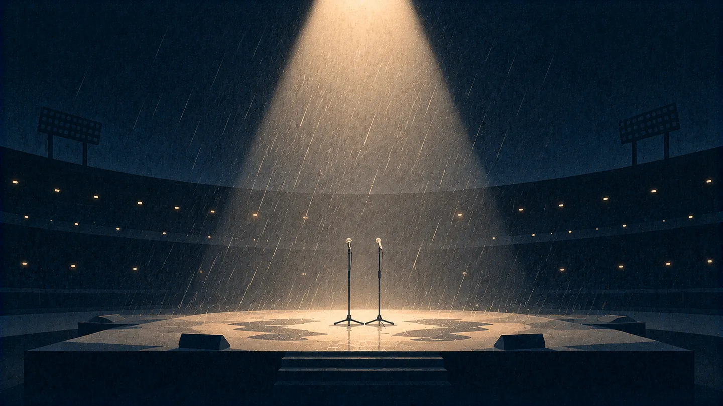 Illustration of two stand microphones side by side at the center of a stage in a baseball stadium at night, with rain falling through a beam of light from above
