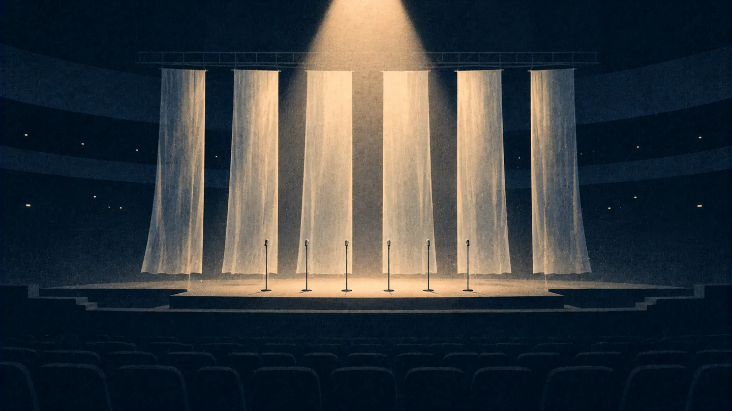 Illustration of a dark arena stage where six sheer white scrims hang from a lighting truss and glow in the light from above, with six stand microphones in a row in front of them